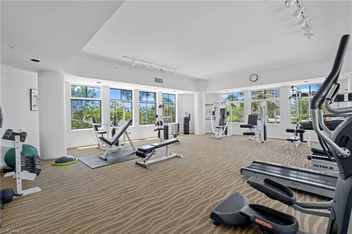 Workout area with baseboards, track lighting, and carpet flooring