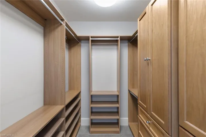 Walk in closet with dark colored carpet