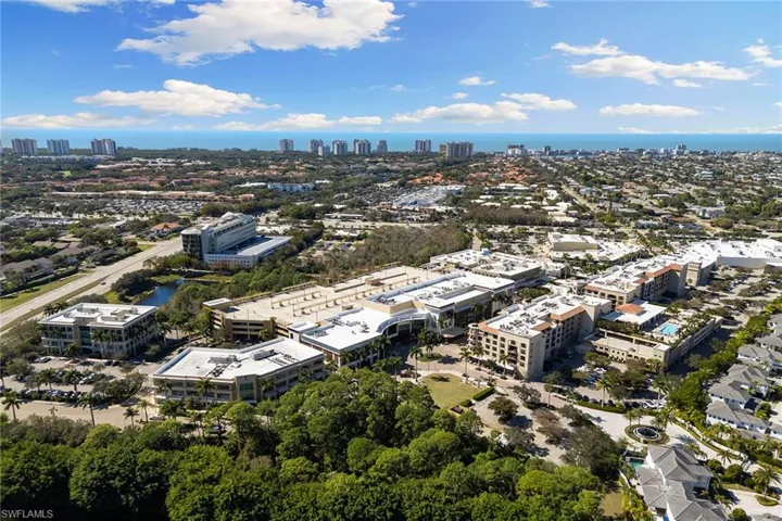 Drone / aerial view of skyline and a large body of water
