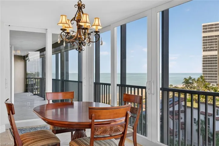 Dining space featuring a water view, floor to ceiling windows, and hanging lights