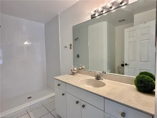 View of the mirrored primary bath vanit and COMPLETEY NEW TILED SHOWER.