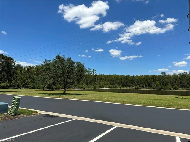 View from townhome's front entrance across parking spaces to the lake's greenspacee