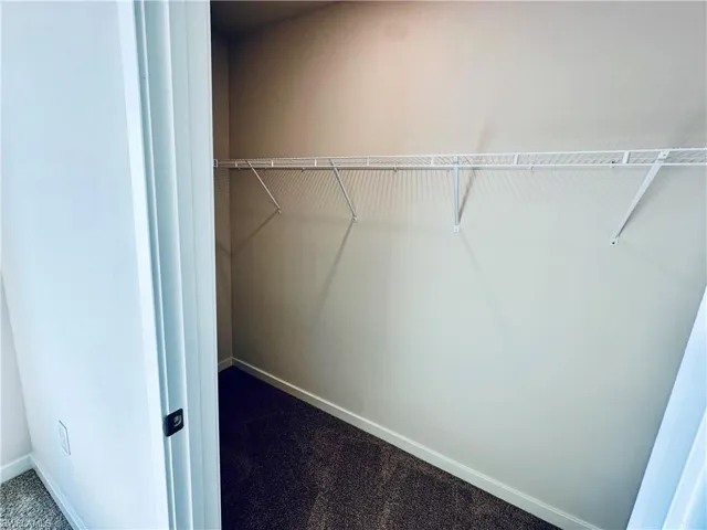 Walk in closet featuring dark carpet