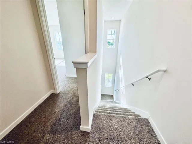 Staircase featuring carpet and baseboards