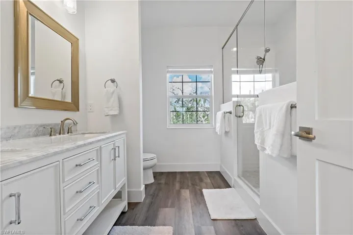 Bathroom featuring toilet, hardwood / wood-style flooring, a shower with door, and vanity