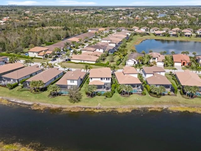 Bird's eye view with a water view and a residential view