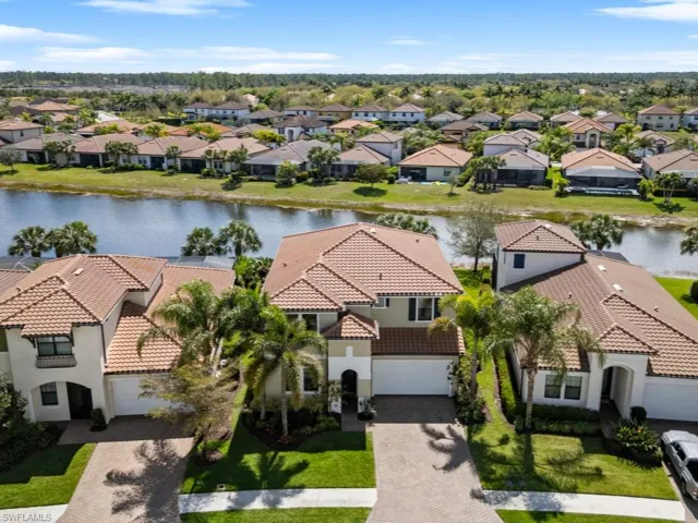 Birds eye view of property featuring a water view and a residential view