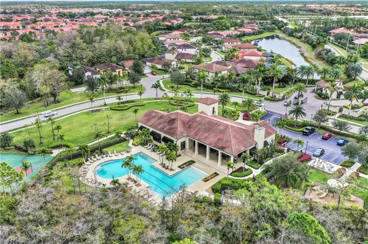 Aerial view featuring a water view and a residential view