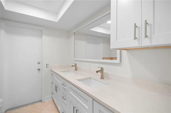 Washroom featuring a tray ceiling and light flooring
