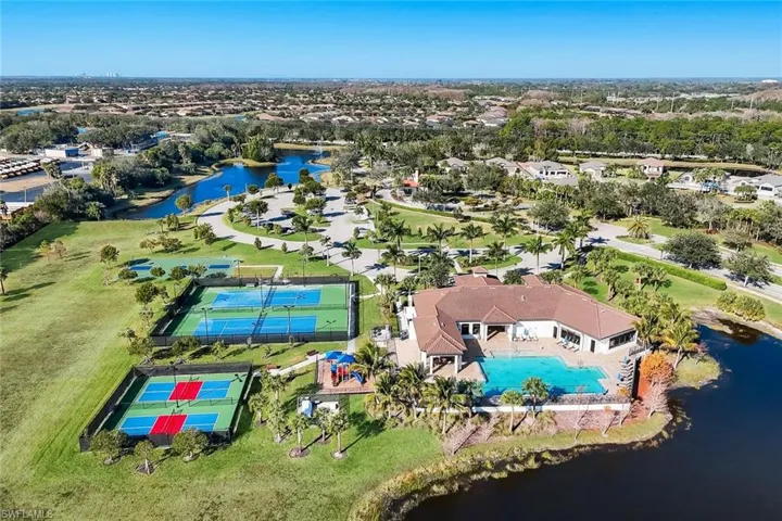 Bird's eye view of a large body of water and a pool