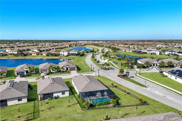 Aerial perspective of suburban area with a nearby body of water