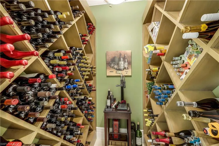 Beautifully designed climate controlled wine room with decorative glass doors.