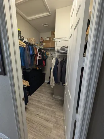 Spacious closet with light wood-type flooring and attic access