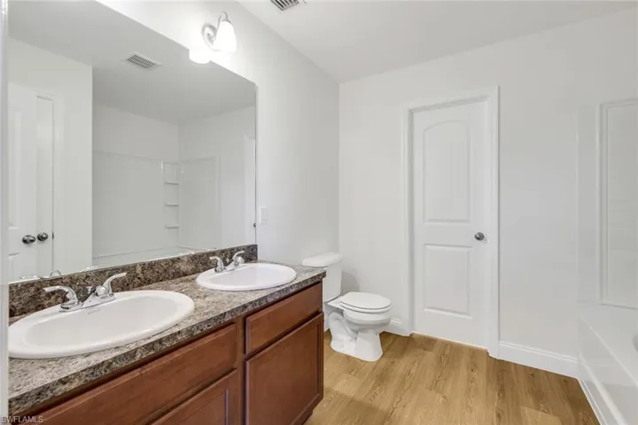 Bathroom with vanity, toilet, and wood-type flooring