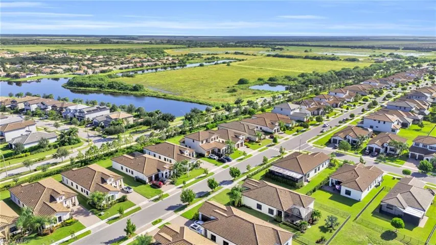 Birds eye view of property with a water view