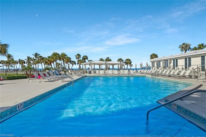 View of pool area and cabanas.