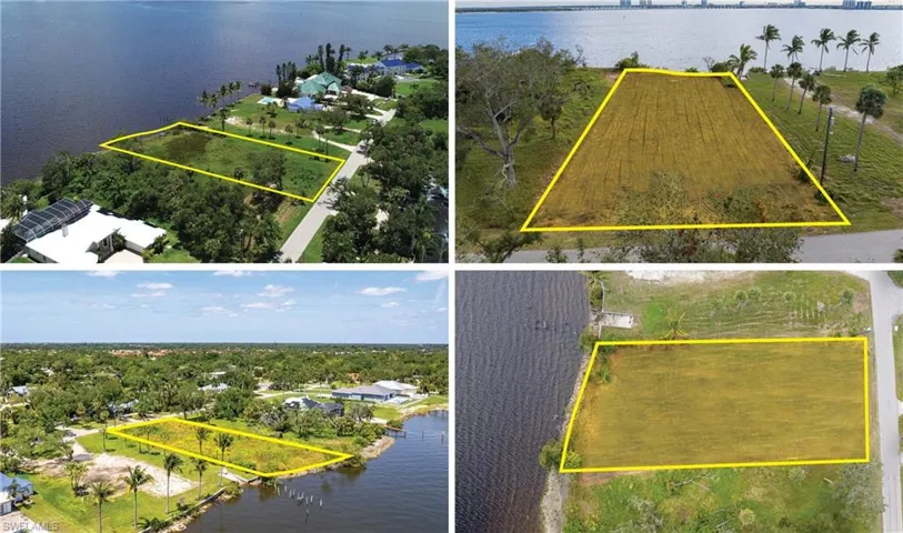 Aerial view of property and surrounding area featuring property boundaries highlighted and a nearby body of water