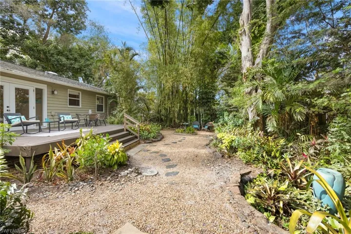 View from Casita to deck of Bungalow, koi pond at R