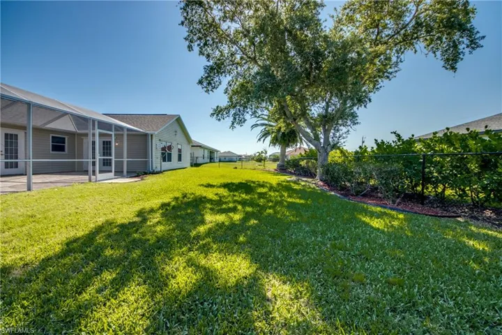 Spacious fended-in back yard featuring black chain-link fence, thick and lush St. Augustine grass, and plenty of shade from large Oak tree.