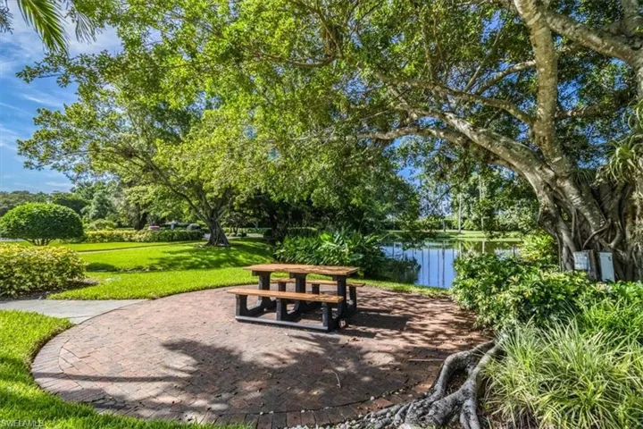View of property's community with a yard and a water view