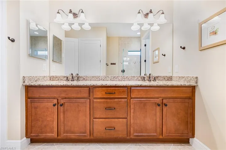 Full primary suite bath featuring double vanity