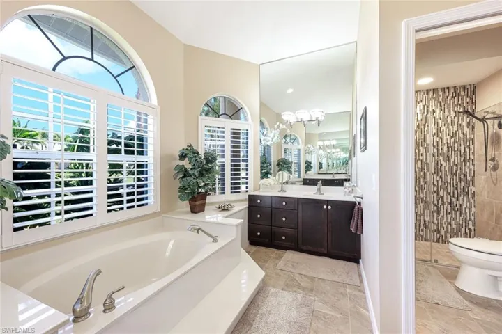 Bathroom with a bath, a shower stall, vanity, and toilet