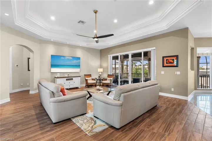 Living room featuring a tray ceiling, plenty of natural light, and hardwood / wood-style flooring