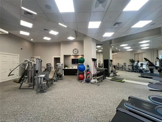 Workout area with a towering ceiling, carpet floors, and a paneled ceiling