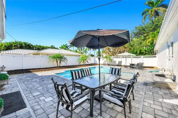 Fenced backyard with a patio area and outdoor dining area