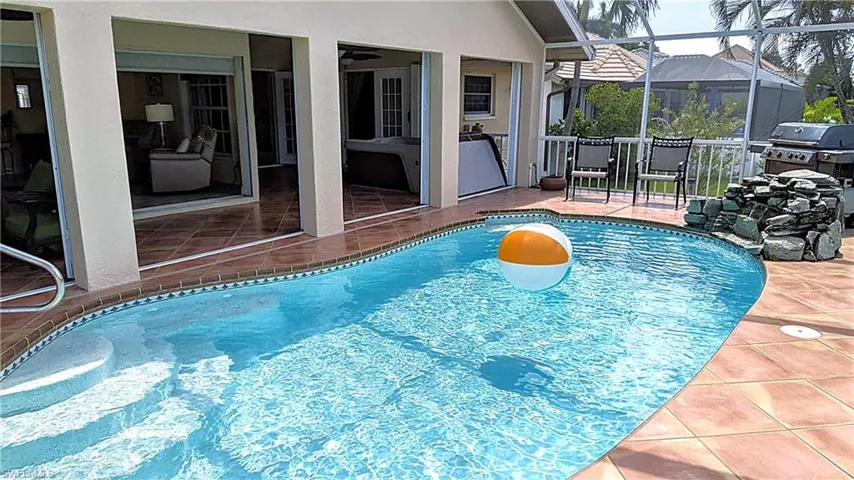 The Pool is Heated.  The Rock Waterfall Feature will lull you into a State of Blissful Relaxation.