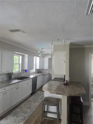 Kitchen featuring white cabinetry, a dual-basin sink, light-toned countertops, and a subway tile backsplash