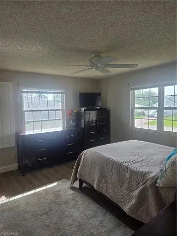 Spacious room featuring multiple windows, wood-finish flooring, and a ceiling fan