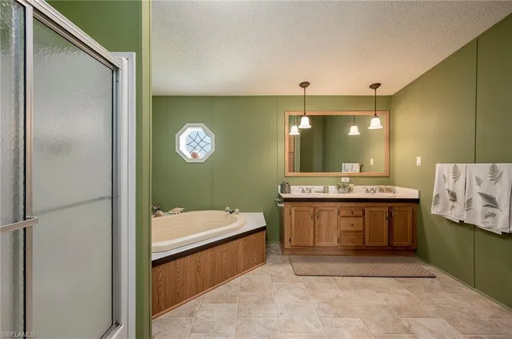 Bathroom with vanity, plus walk in shower, and a textured ceiling