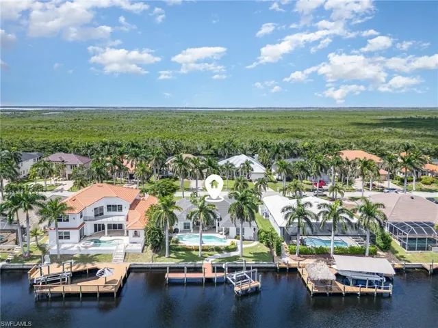 Aerial perspective of suburban area featuring a pool and a heavily wooded area