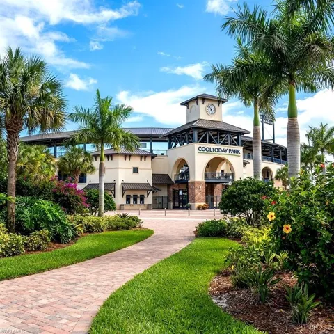 Expansive park entrance featuring a brick paver pathway, manicured lawns, and mature palm trees