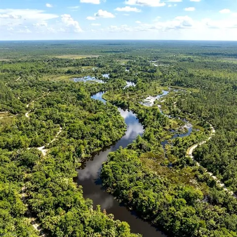 Aerial landscape featuring a winding river, dense green foliage, numerous small bodies of water, and natural terrain