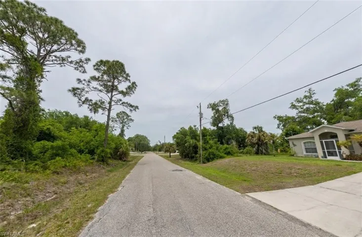Residential street with a paved surface and established landscaping