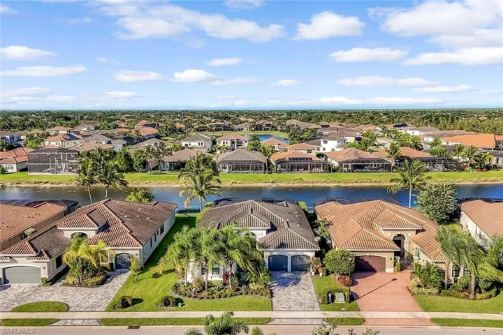 Aerial view of residential area featuring a nearby body of water