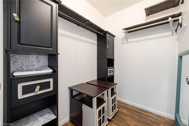 Master bedroom walk-in closet with storage featuring dark cabinetry and wood-finish flooring.