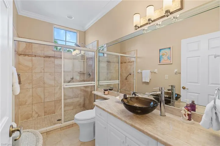 Bathroom with toilet, vanity, crown molding, and a stall shower