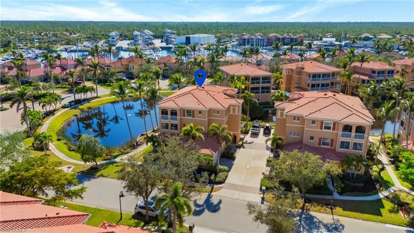 Birds eye view of property featuring a water view and a residential view