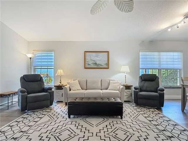 Living area with wood finished floors, healthy amount of natural light, a textured ceiling, and rail lighting
