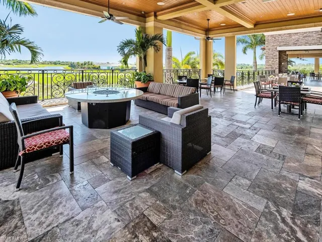 View of patio featuring ceiling fan and an outdoor hangout area