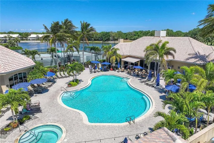Community pool featuring a patio, a community hot tub, and a water view
