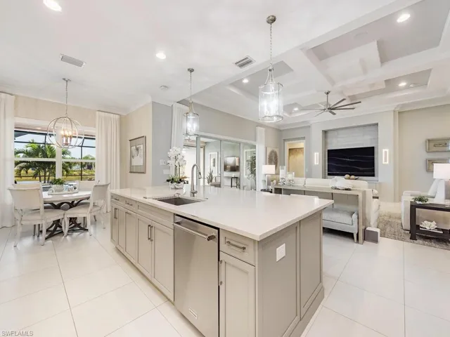 Kitchen center island, dining nook and living room.