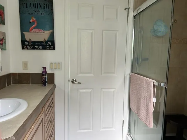 Bathroom with an enclosed shower and vanity