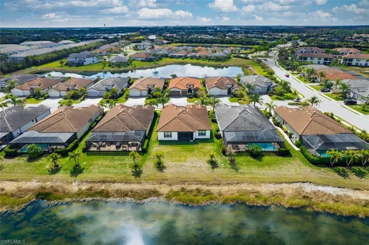Aerial view of residential area with a nearby body of water