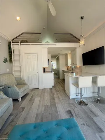 Living room with ornamental molding, light wood finished floors, recessed lighting, and vaulted ceiling