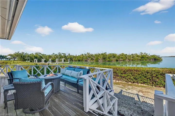 Deck featuring an outdoor living space with a fire pit and a water view