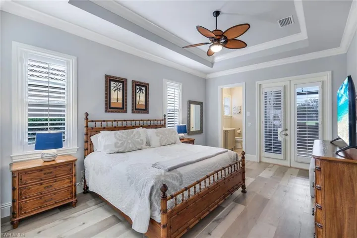 Bedroom featuring ceiling fan, multiple windows, light hardwood / wood-style flooring, and a raised ceiling